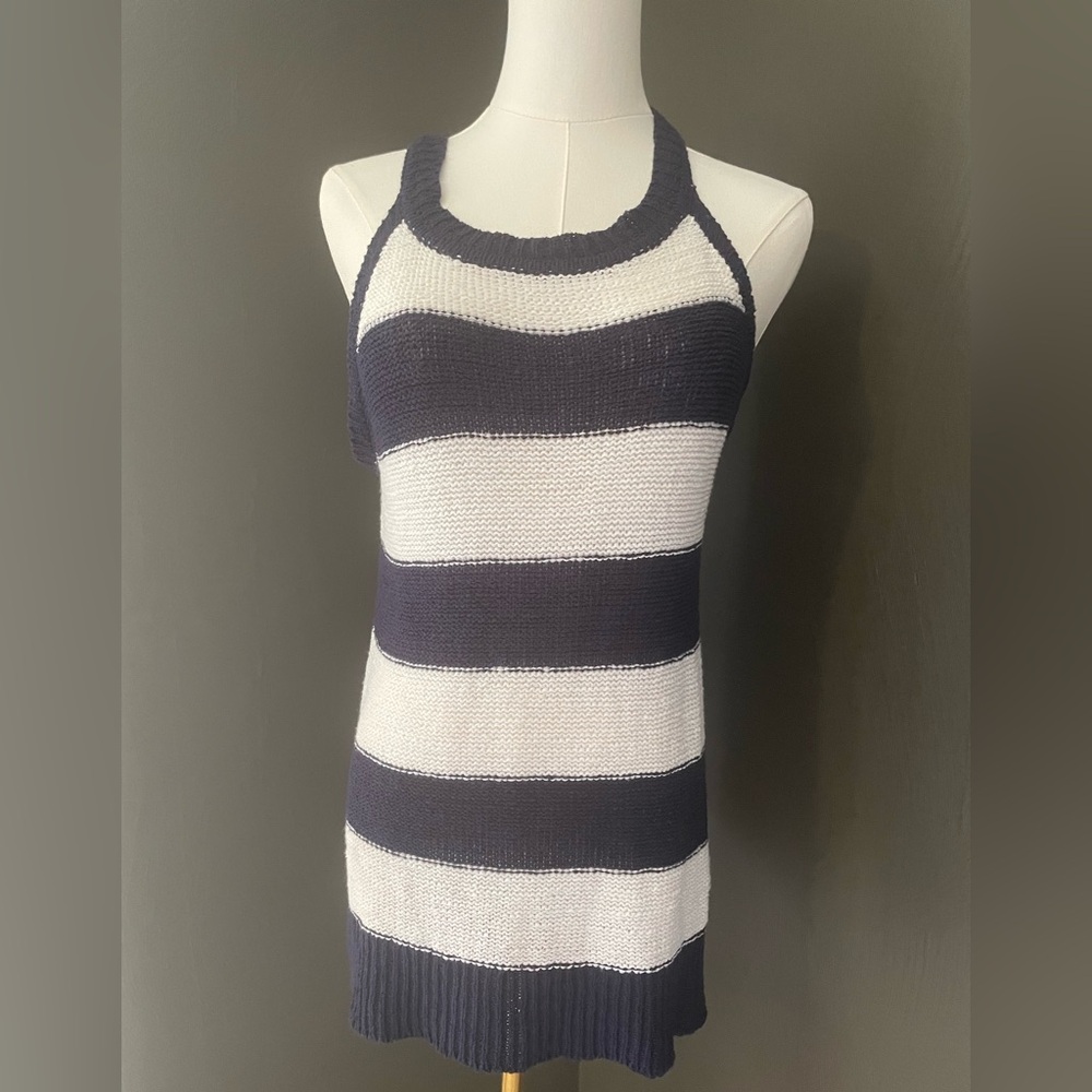 Cable & Gauge Women’s Small Navy & White Striped Open Knit Sleeveless Sweater
